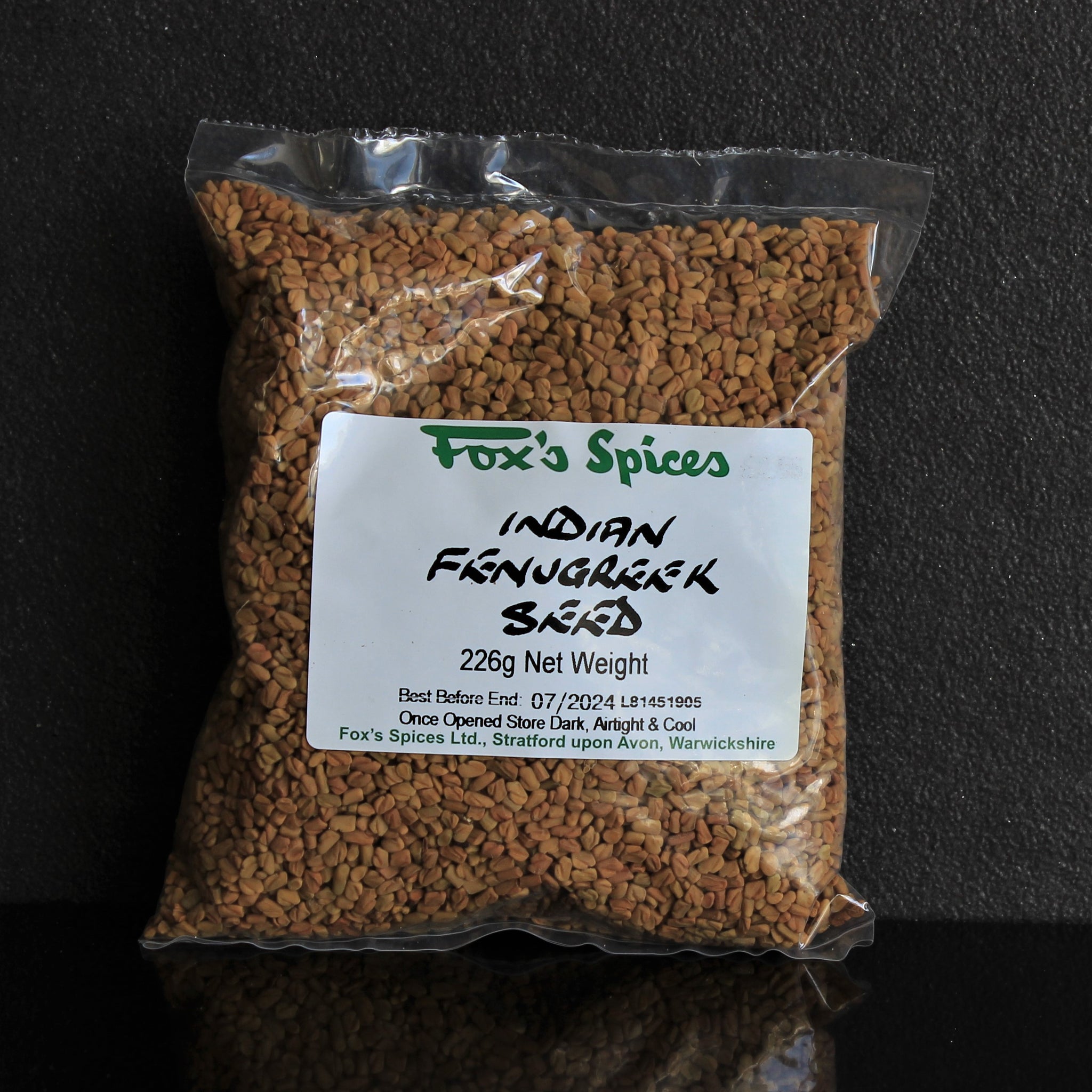 Fenugreek seeds in a 226g bag sold by Fox's Spices.