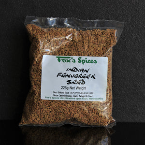 Fenugreek seeds in a 226g bag sold by Fox's Spices.