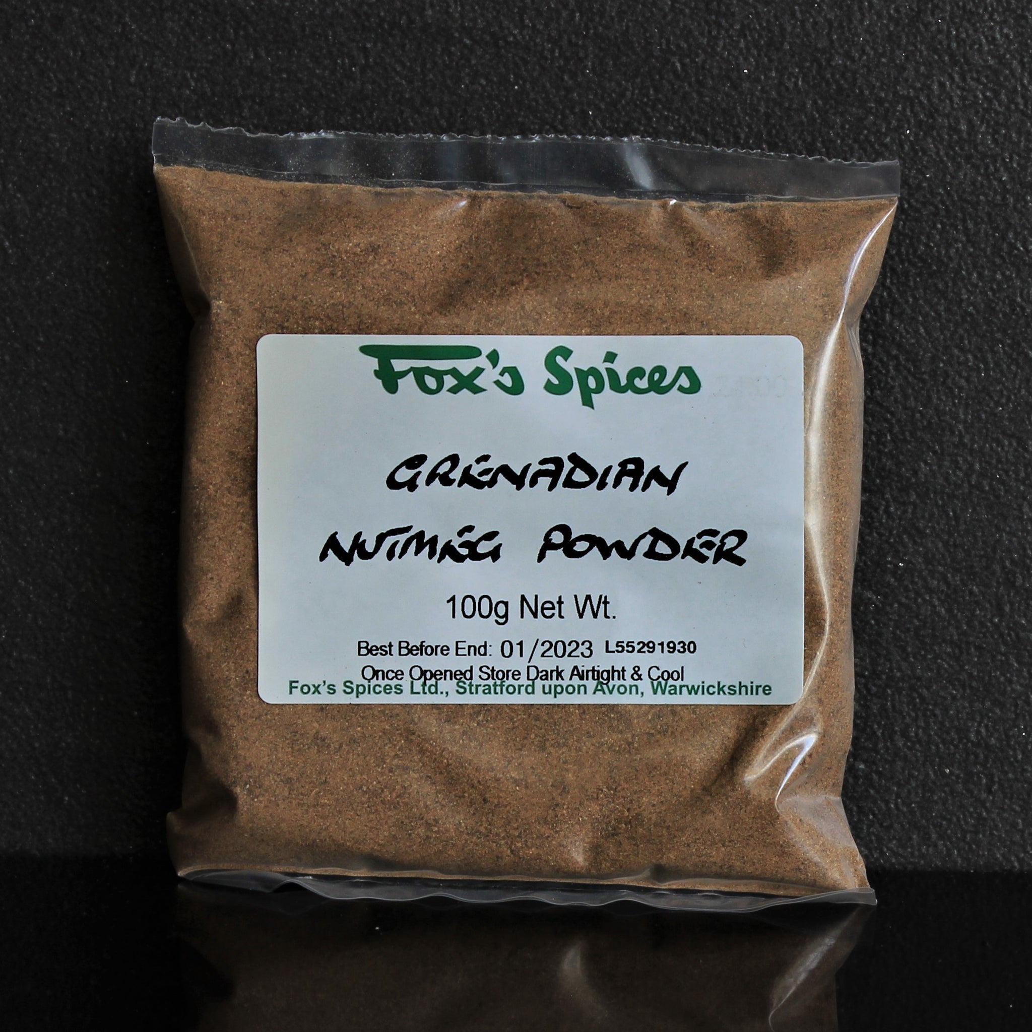 A 100g bag of Fox's Spices Grenadian nutmeg powder