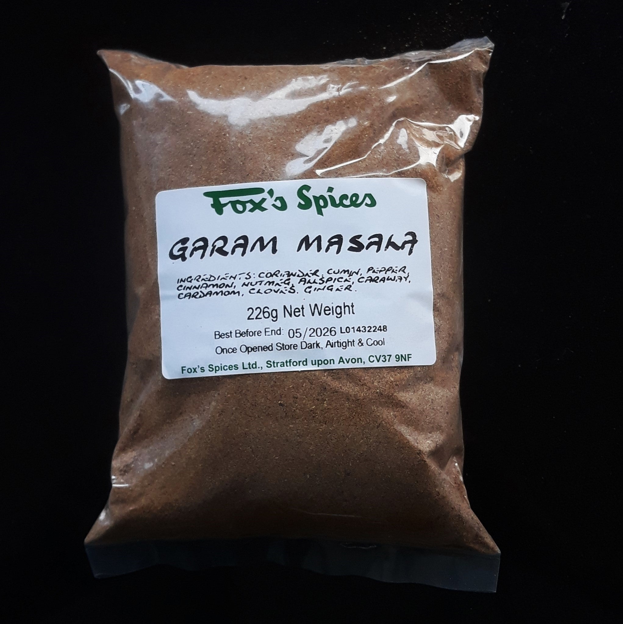 Garam Masala Indian spice mixture in a 226g bag supplied by Fox's Spices.