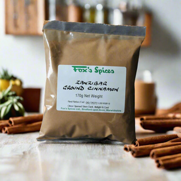 Ground cinnamon sold in 170g bags. Supplied by Fox's Spices.