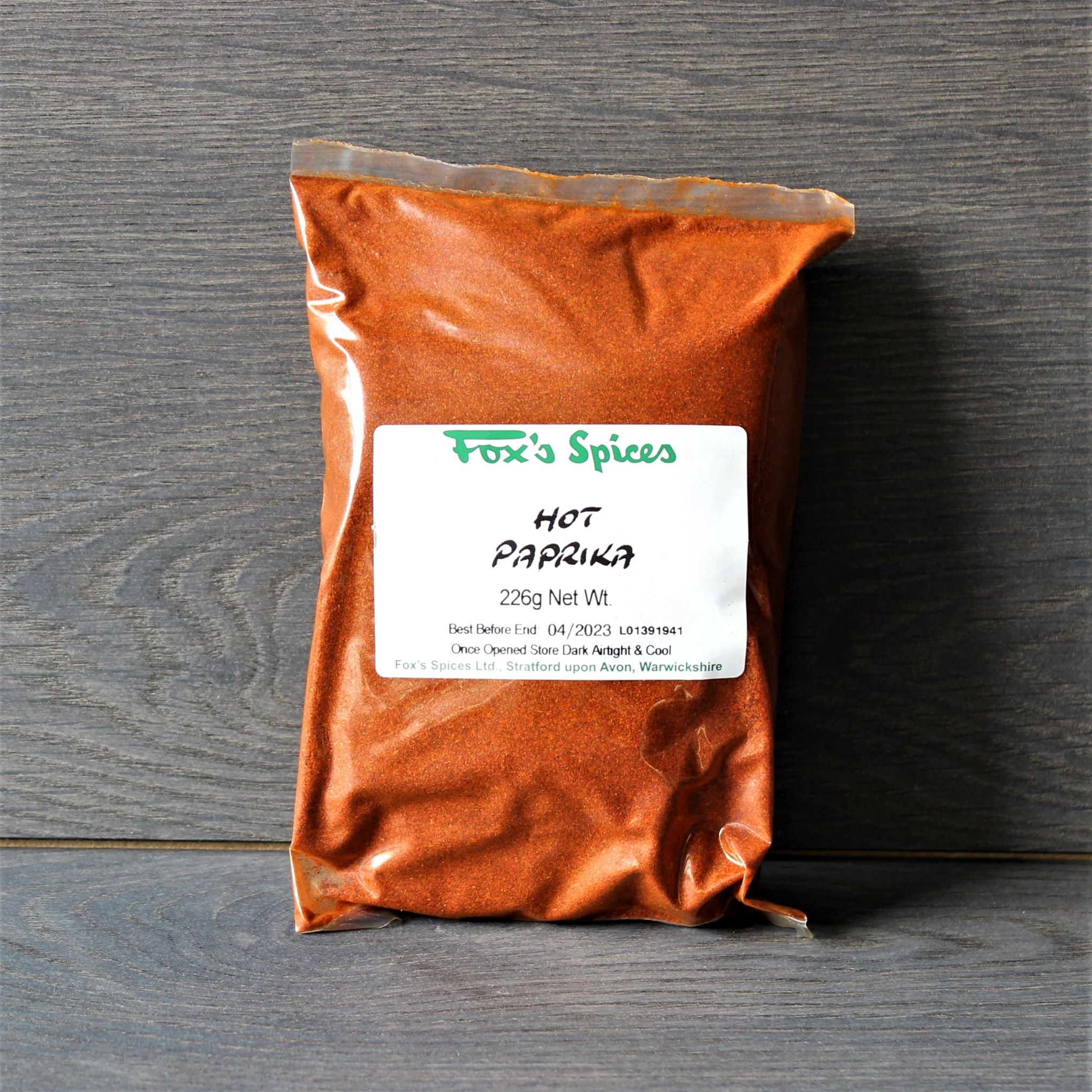 Hot Paprika sold in a 226g bag. Supplied by Fox's Spices.