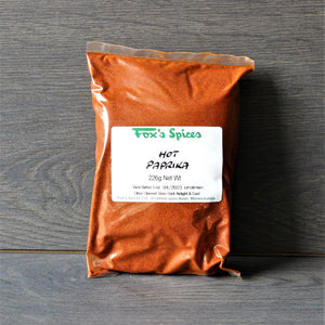 Hot Paprika sold in a 226g bag. Supplied by Fox's Spices.