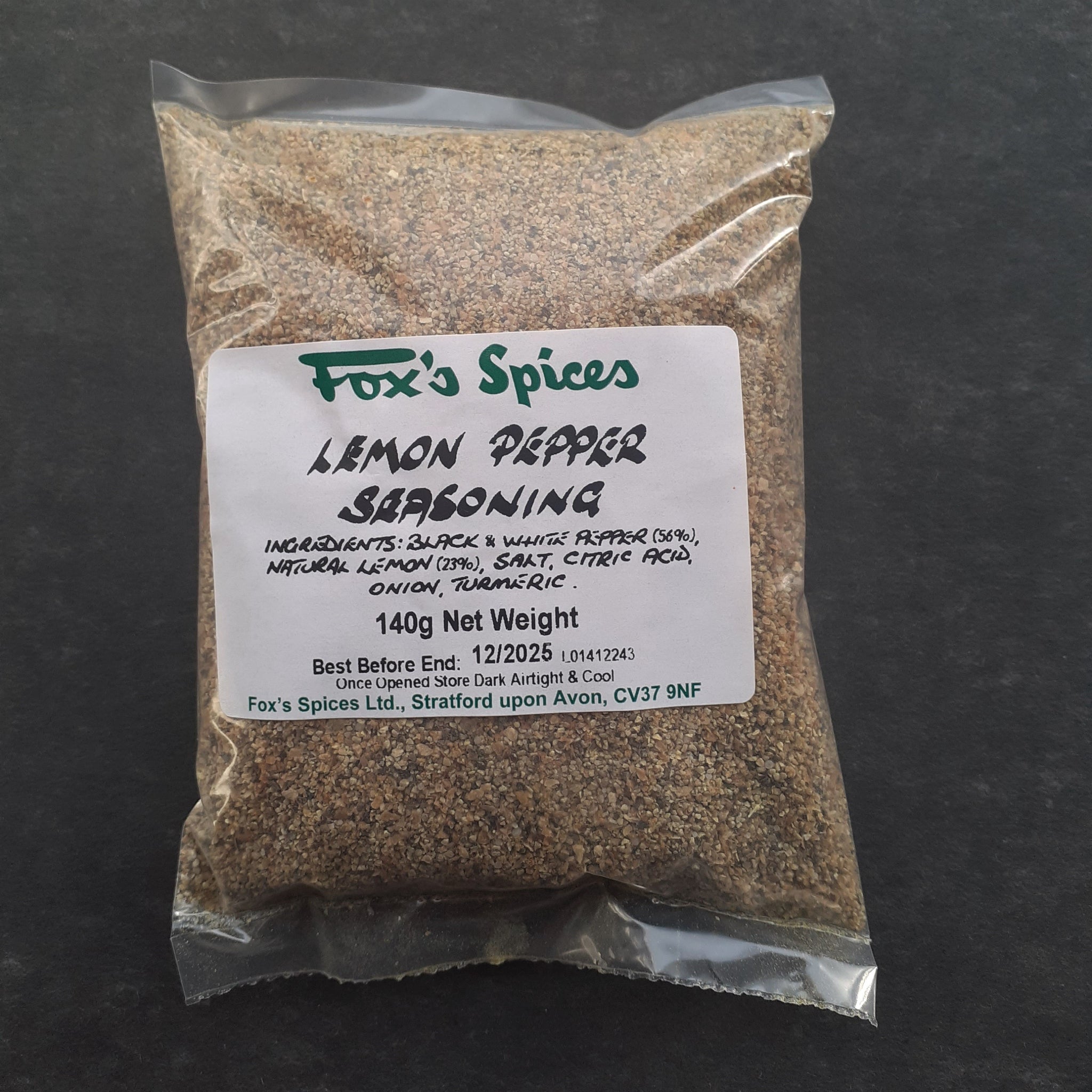 A 140g bag of lemon pepper seasoning supplied by Fox's Spices.