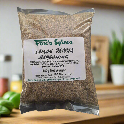 A 140g bag of lemon pepper seasoning supplied by Fox's Spices.