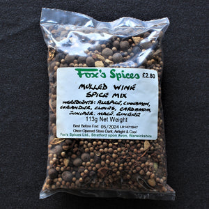 A bag of 113g of Fox's Spices mulled wine spice mix. Ideal for Christmas or special occasions. 