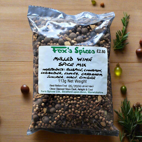 A bag of 113g of Fox's Spices mulled wine spice mix. Ideal for Christmas or special occasions. 