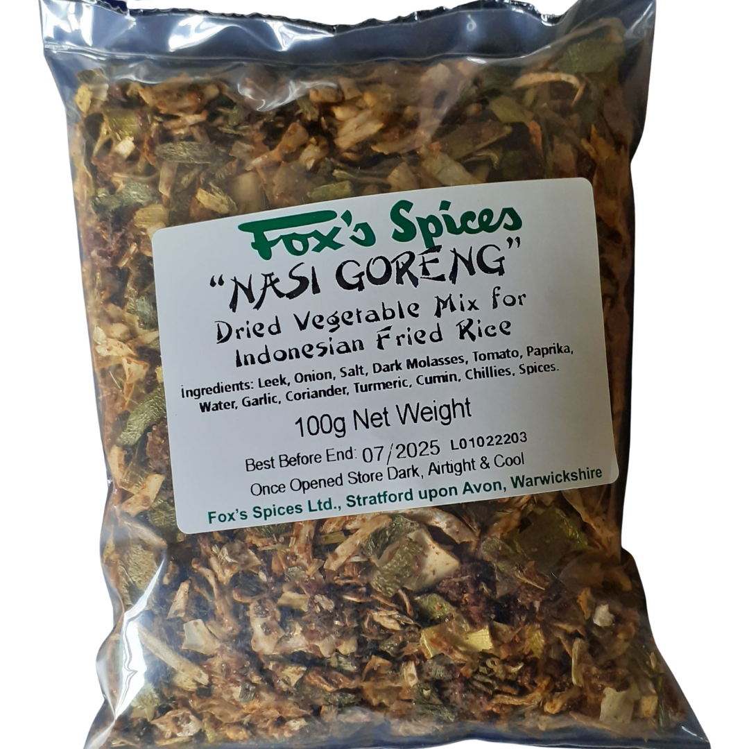 Nasi Goreng is a dried vegetable mix supplied by Fox's Spices in 100g bags with a clear recipe on the reverse side.