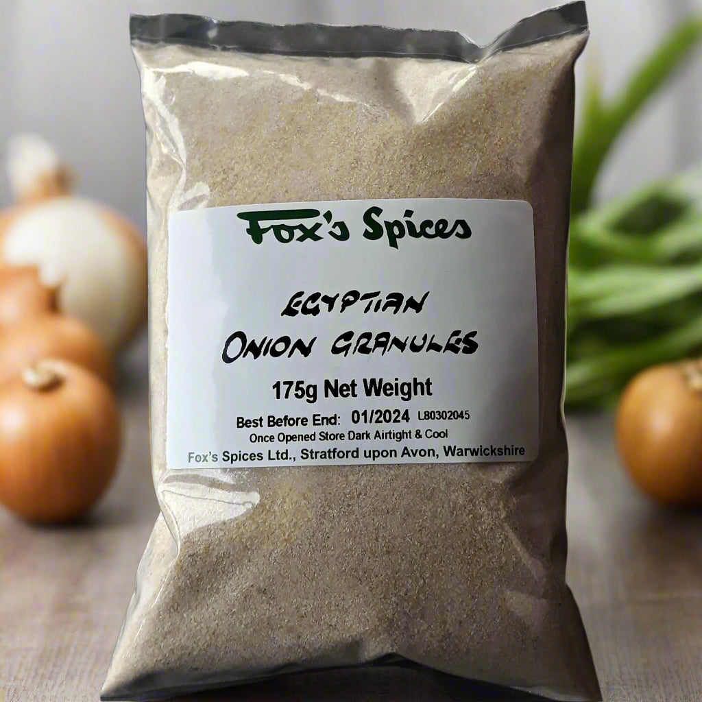 Onion granules from Fox's Spices. Supplied in 175g bags.