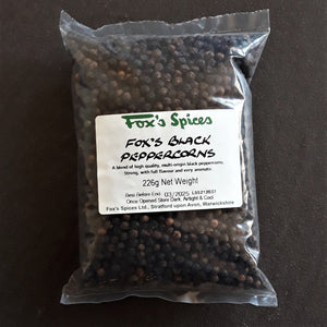 Fox's Spices black peppercorns. Sold in 226g bags.