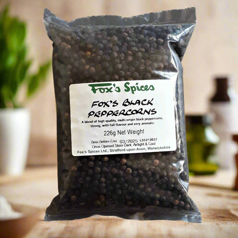 Fox's Spices black peppercorns. Sold in 226g bags.