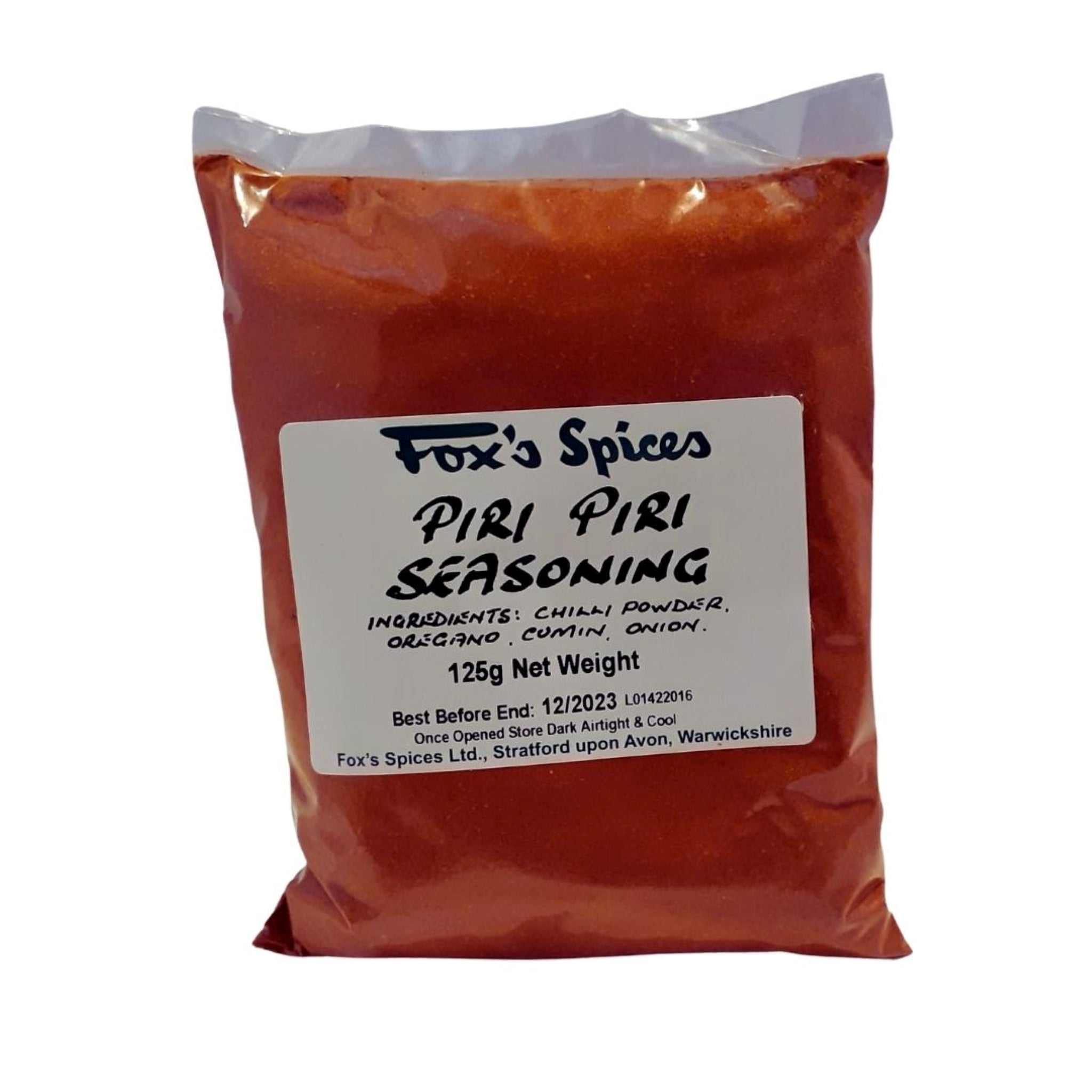 Fox's Spices Piri Piri seasoning. Sold in 125g bags.