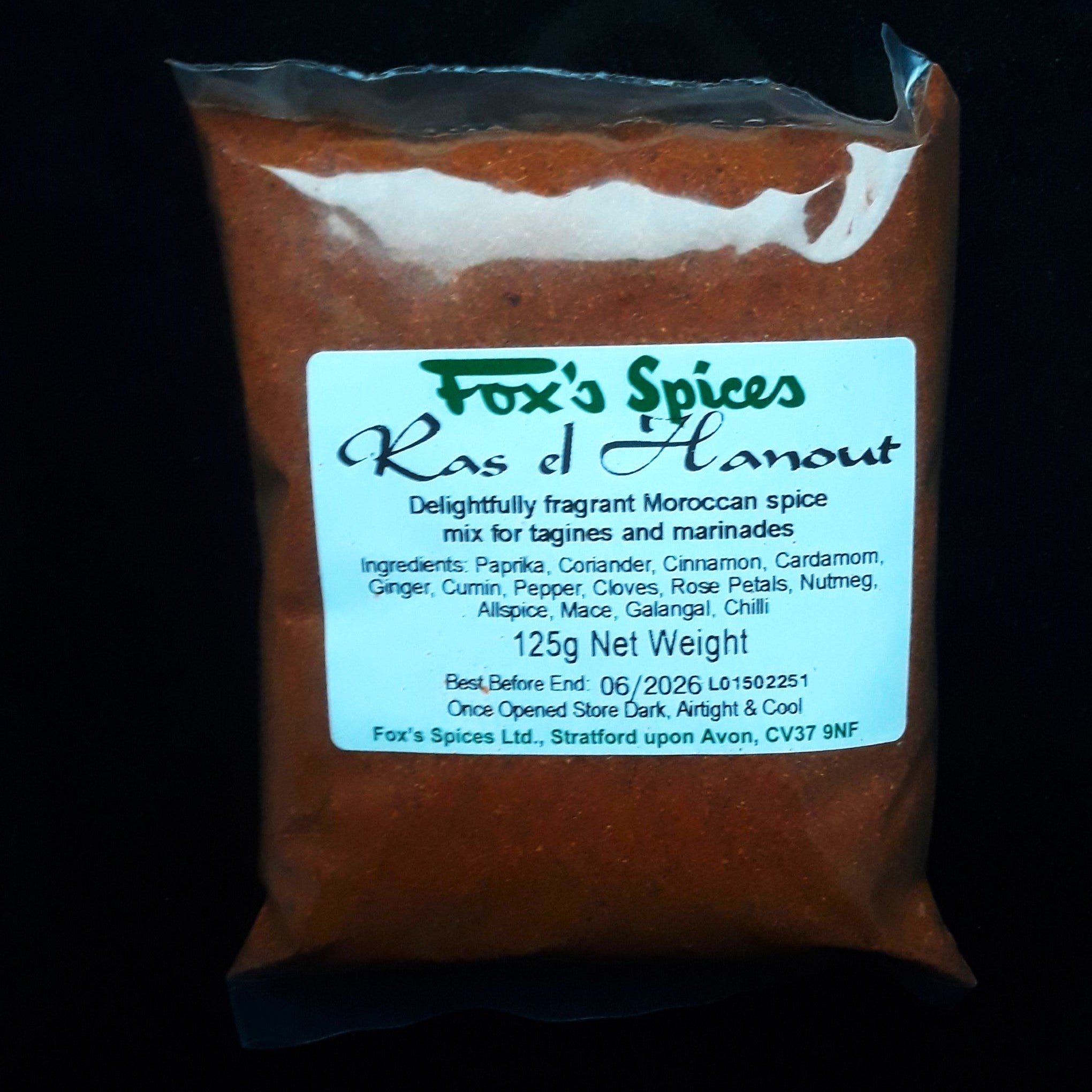 Ras el Hanout spice blend is supplied by Fox's Spices & sold in 125g bags .