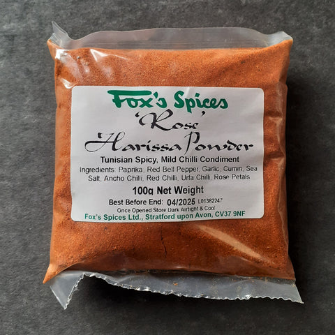 Fox's spices Rose Harissa Powder. Sold in 100g bags.