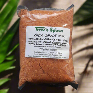 Dry sate sauce mix sold in 200g bags by Fox's Spices. with instructions on how to mix on the reverse. Also known as Indonesian peanut sauce.