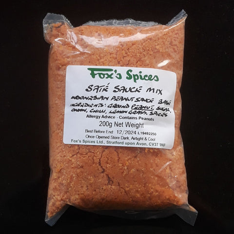 Dry sate sauce mix sold in 200g bags by Fox's Spices. with instructions on how to mix on the reverse. Also known as Indonesian peanut sauce.