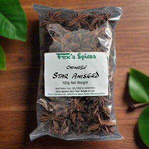 A 100g bag of Fox's Spices whole star aniseed whole.