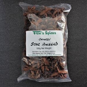 A 100g bag of Fox's Spices whole star aniseed whole.