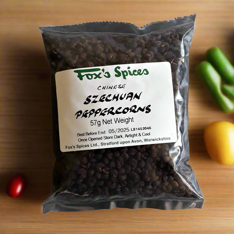 Szechuan peppercorns sold in 57g bags. Supplied by Fox's spices .