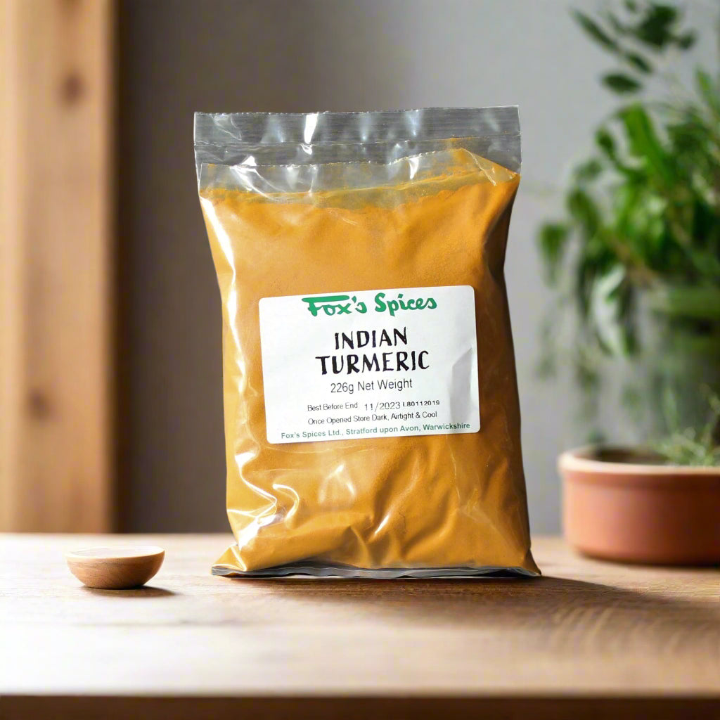 Turmeric powder from Fox's Spices sold in 226g bags.