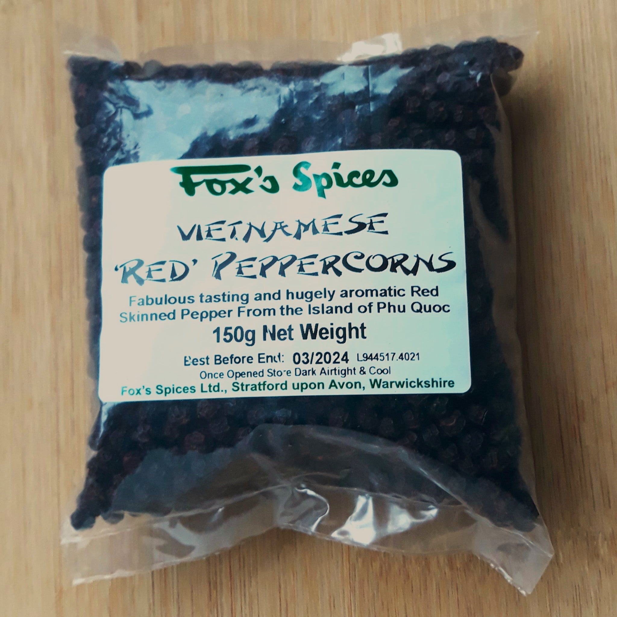Red Peppercorns sold by Fox's Spices in 150g bags.
