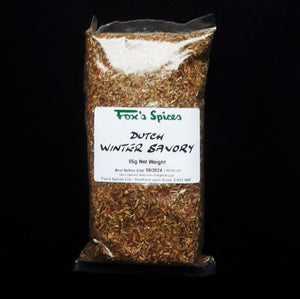 A bag of Winter Savory sold in 85g bags supplied by Fox's Spices. & supplied by the cooking plumber.